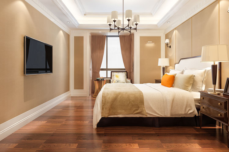 Mẫu sàn gỗ đẹp cho phòng ngủ màu nâu trầm