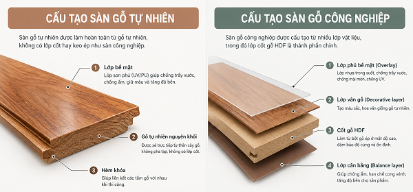 Cấu tạo sàn gỗ tự nhiên và sàn gỗ công nghiệp