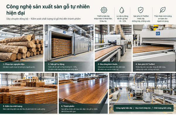 Công nghệ sản xuất sàn gỗ tự nhiên trên dây chuyền hiện đại tại Sàn Đẹp