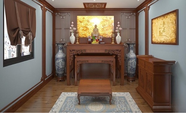 Hình ảnh thi công hoàn thiện sàn gỗ nâu đậm cho phòng thờ