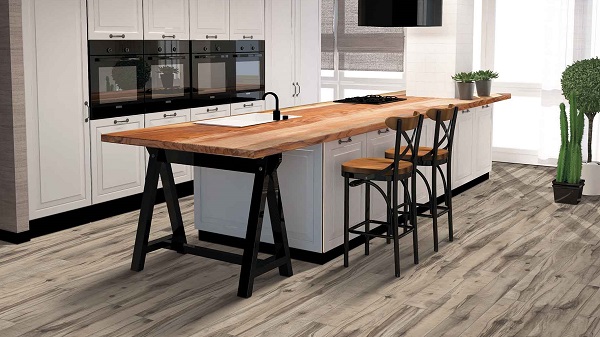 Mẫu sàn gỗ xám nâu cho bếp hiện đại