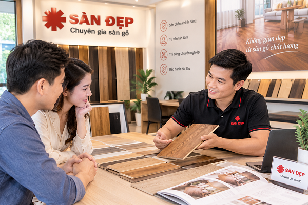 Nhân viên kinh doanh Sàn Đẹp tư vấn sàn gỗ tại cửa hàng Hoàng Quốc Việt