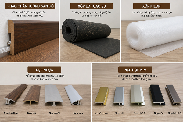 Phụ kiện sàn gỗ tự nhiên, phào, xốp lót, nẹp nhựa, nẹp hợp kim