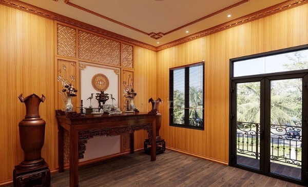 Sàn gỗ màu nâu xám kết hơp tường ấn tượng