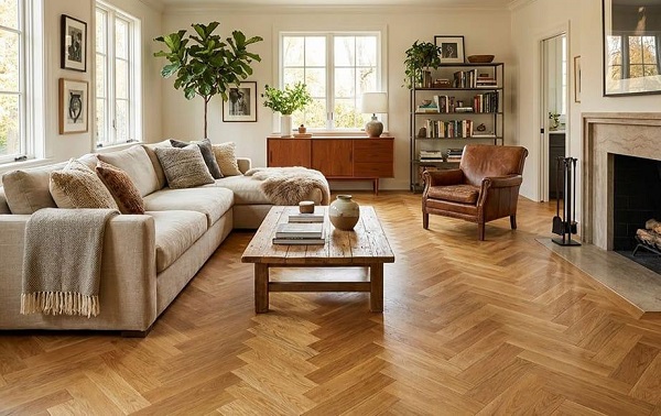 Sàn gỗ màu vàng sồi lát xương cá