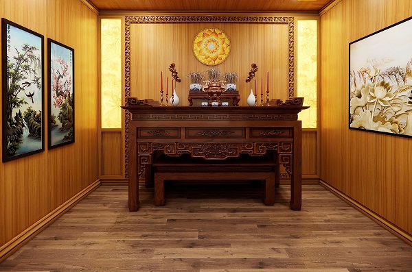Sàn gỗ phòng thờ màu nâu tự nhiên, kết hợp nội thất gỗ đồng bộ tạo không gian ấm cúng