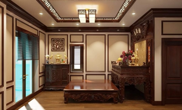 Sàn gỗ vân dài màu vàng nâu giúp phòng thờ hình chữ nhật