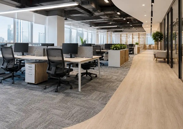 Sàn gỗ văn phòng kết hợp thảm trải sàn hiện đại